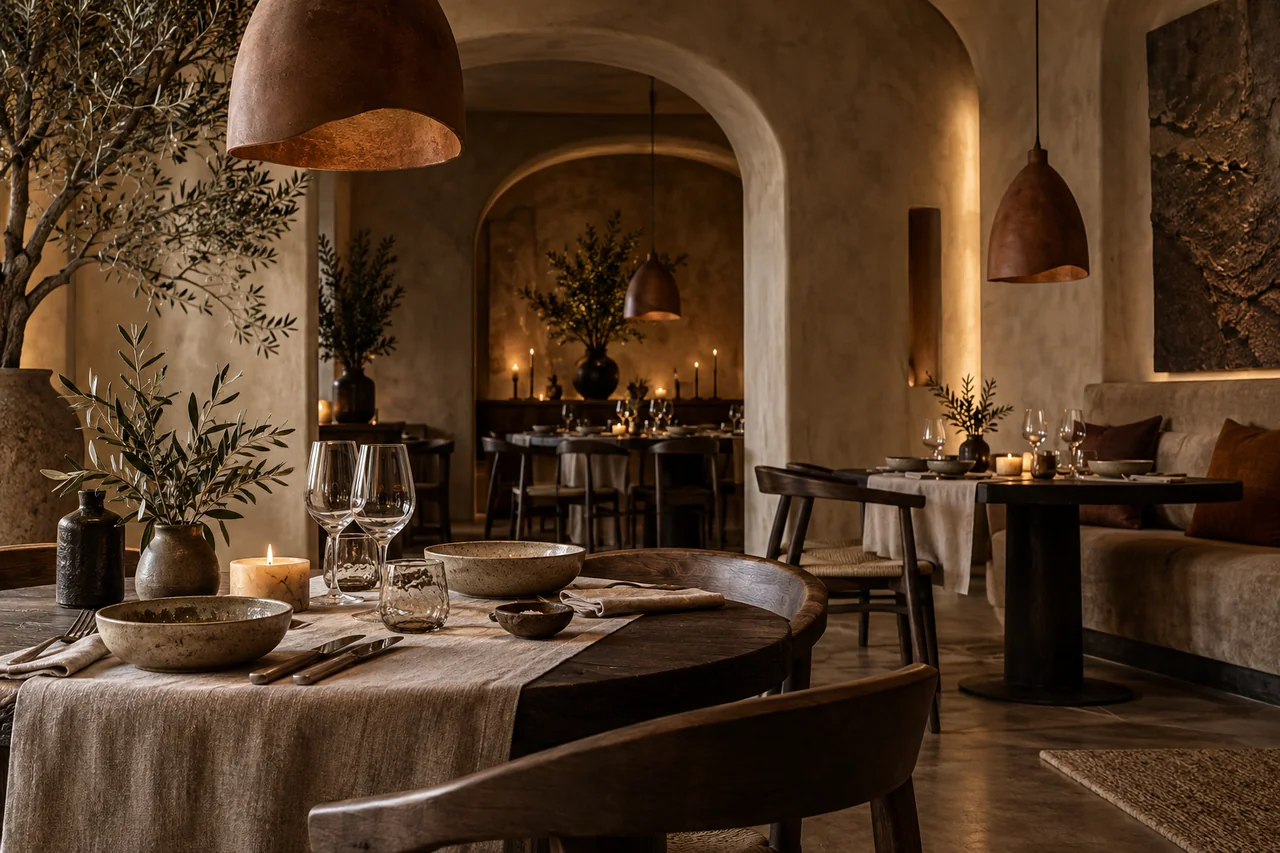 Restaurante conceptual con madera, cerámica y luz cálida; imagen de IA.