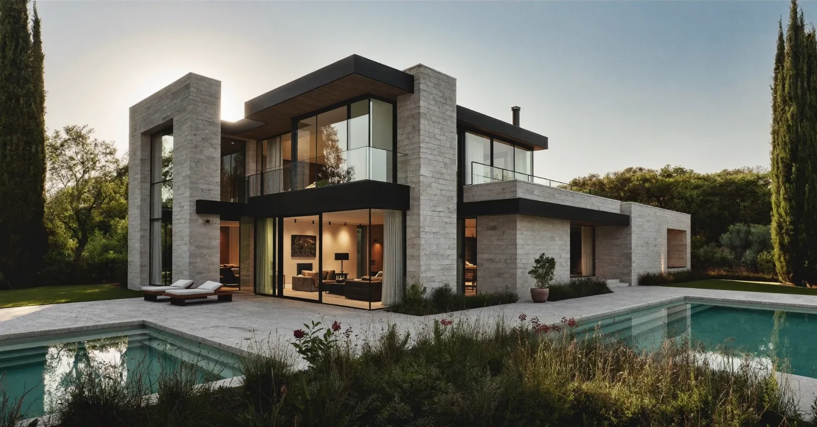 Villa contemporánea de piedra y cristal junto a una piscina.
